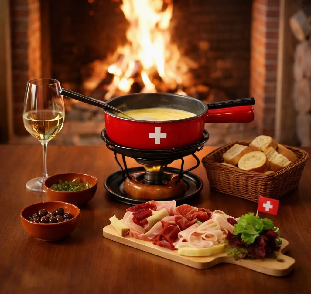 Swiss cheese fondue on a wooden table