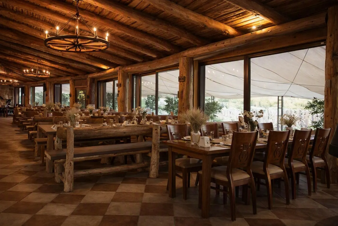 The dining room of the auberge with its stone fireplace