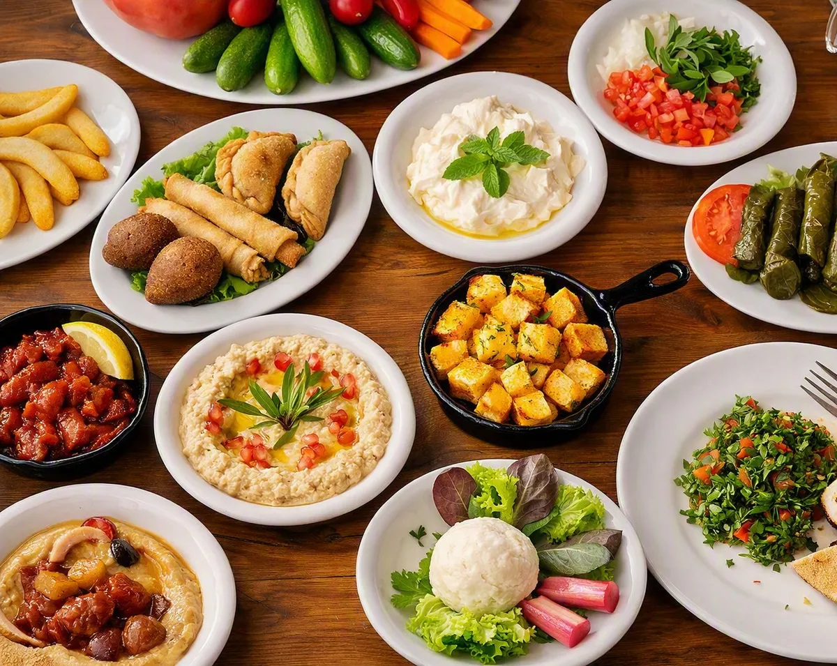 Lebanese mezze spread with grills